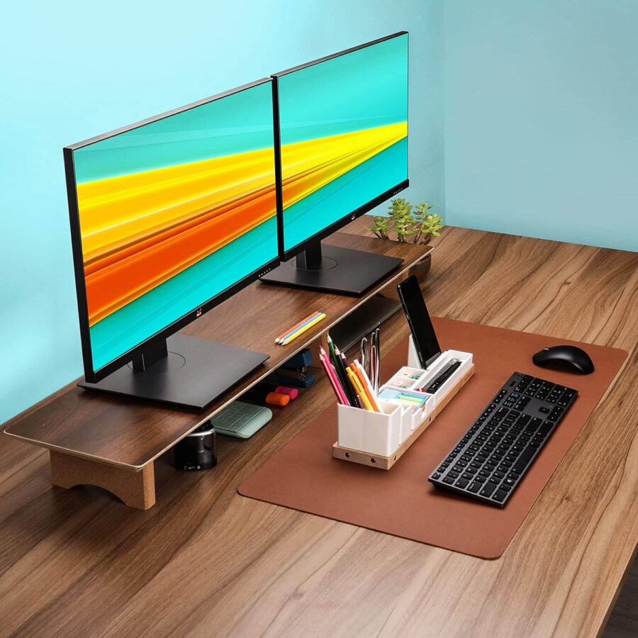 Aothia Large Dual Monitor Stand Riser, Solid Wood Desk Shelf with Eco Cork Legs